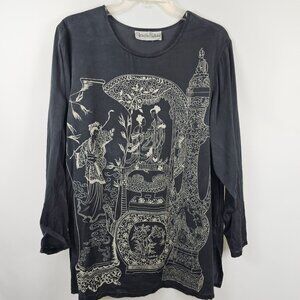 VTG Y2K Diane Von Furstenberg Women's XL Gray Japanese Traditional Geisha Shirt